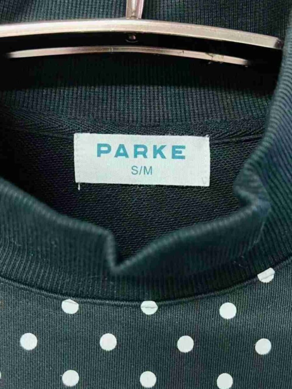 PARKE Black Polka‑Dot Mock‑Neck Sweatshirt White Varsity Letter Applique - Picture 2 of 6